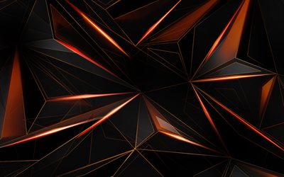 orange 3D fragments, creative, abstract backgrounds, low poly art, artwork, orange neon rays, geometric textures, black abstract background, fragments, geometry