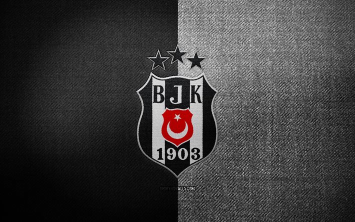 Besiktas badge, 4k, black white fabric background, Super Lig, Besiktas logo, Besiktas emblem, sports logo, turkish football club, Besiktas JK, soccer, football, Besiktas FC