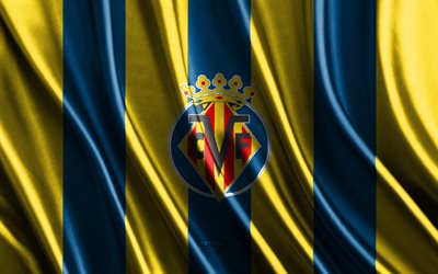 logo do villarreal cf, la liga, textura de seda amarela azul, bandeira do villarreal cf, time de futebol espanhol, villarreal cf, futebol, bandeira de seda, emblema do villarreal cf, espanha