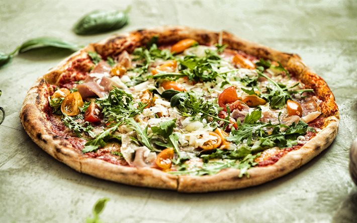 4k, prosciuttolu pizza, etli pizza, fast food, prosciutto crudo, pizza konseptleri, pizza, pişmiş ürünler, otlu pizza