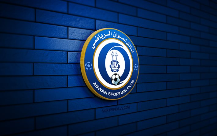 logotipo 3d de asuán sc, 4k, pared de ladrillo azul, premier league egipcia, fútbol, equipo de futbol egipcio, logotipo de asuán sc, emblema sc de asuán, asuán sc, logotipo deportivo, asuán fc