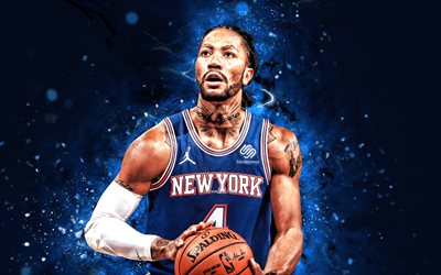 Derrick Rose, 4k, blue neon lights, New York Knicks, NBA, basketball, Derrick Rose 4K, blue abstract background, Derrick Rose New York Knicks