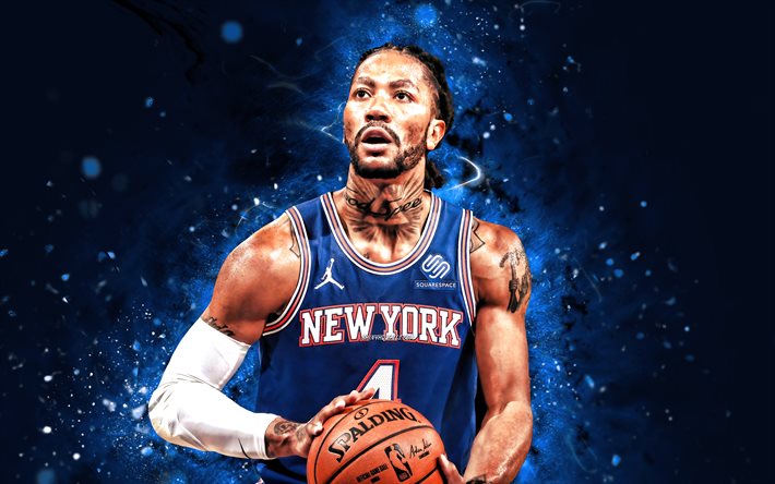 Derrick Rose, 4k, blue neon lights, New York Knicks, NBA, basketball, Derrick Rose 4K, blue abstract background, Derrick Rose New York Knicks