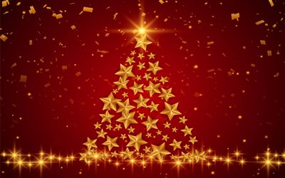 Golden xmas tree, 4k, red christmas background, golden stars, glitter, stars, christmas decorations, xmas tree from stars, Happy New Year, Christmas trees, xmas decorations