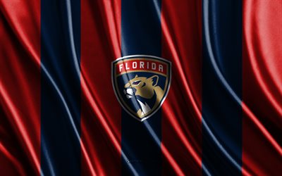 4k, Florida Panthers, NHL, blue red silk texture, Florida Panthers flag, American hockey team, hockey, silk flag, Florida Panthers emblem, USA, Florida Panthers badge