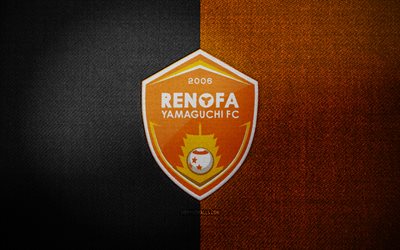 insigne renofa yamaguchi, 4k, fond de tissu orange noir, ligue j2, logo renofa yamaguchi, emblème renofa yamaguchi, logo de sport, drapeau renofa yamaguchi, club de foot japonais, renofa yamaguchi, football, renofa yamaguchi fc