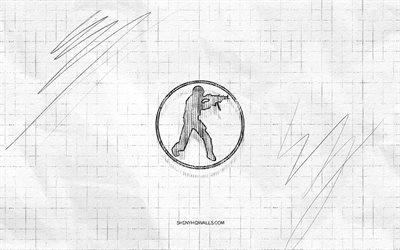 Counter-Strike sketch logo, 4K, checkered paper background, Counter-Strike black logo, games brands, logo sketches, Counter-Strike logo, pencil drawing, Counter-Strike