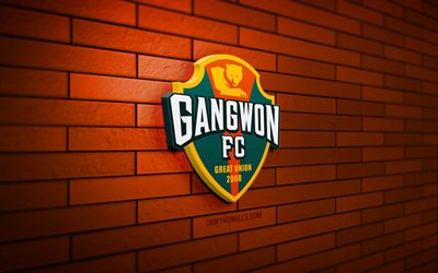 logo gangwon fc 3d, 4k, parede de tijolos laranja, liga k 1, futebol, clube de futebol sul coreano, logo do gangwon fc, emblema do gangwon fc, gangwon fc, logotipo esportivo, fc gangwon