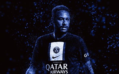 Neymar, blue glitter art, portrait, PSG, Brazilian footballer, Neymar art, Neymar da Silva Santos Junior, football, Paris Saint-Germain, black background