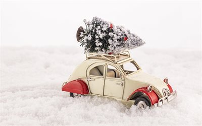 car with christmas tree, car toy, merry christmas, happy new year, shopping christmas tree concepts, buying a christmas tree, winter, snow