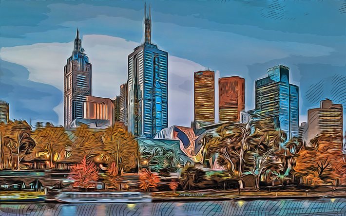 4k, 멜버른, 벡터 아트, 야라 강, 호주, 멜버른 도시 풍경, 멜버른 도면, 창조적 인 예술