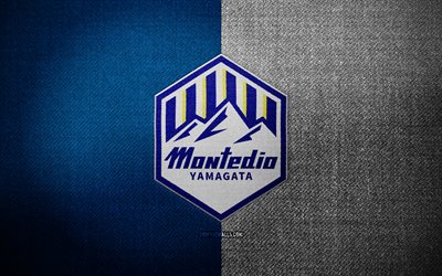 Montedio Yamagata badge, 4k, blue white fabric background, J2 League, Montedio Yamagata logo, Montedio Yamagata emblem, sports logo, Montedio Yamagata flag, japanese football club, Montedio Yamagata, soccer, football, Montedio Yamagata FC