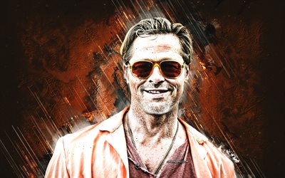 Brad Pitt, portrait, orange stone background, american actor, grunge art, Hollywood star, Brad Pitt art, William Bradley Pitt