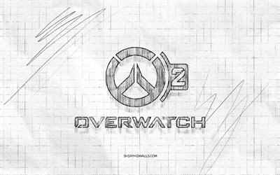 overwatch 2 sketch logo, 4k, karierter papierhintergrund, overwatch 2 schwarzes logo, spielemarken, logo skizzen, overwatch 2 logo, bleistiftzeichnung, überwachung 2