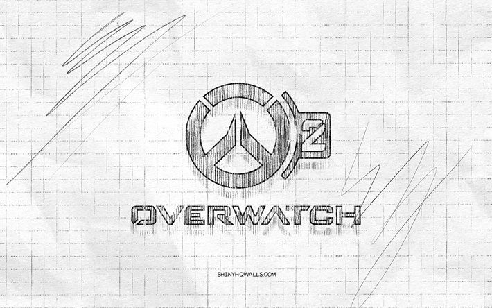 overwatch 2 çizim logosu, 4k, kareli kağıt arka plan, overwatch 2 siyah logosu, oyun markaları, logo eskizleri, overwatch 2 logosu, kurşun kalem çizimi, aşırı izleme 2