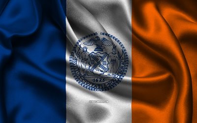 drapeau de la ville de new york, 4k, villes américaines, drapeaux de satin, jour de new york, drapeaux de satin ondulés, villes de new york, new york, etats unis, la ville de new york