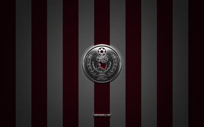 Al-Markhiya SC logo, Qatari football team, Qatar Stars League, burgundy white carbon background, Al-Markhiya SC emblem, QSL, football, Al-Markhiya SC, Qatar, Al-Markhiya SC metal logo