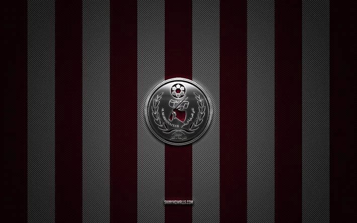 Al-Markhiya SC logo, Qatari football team, Qatar Stars League, burgundy white carbon background, Al-Markhiya SC emblem, QSL, football, Al-Markhiya SC, Qatar, Al-Markhiya SC metal logo
