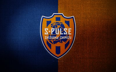 Shimizu S-Pulse badge, 4k, blue orange fabric background, J1 League, Shimizu S-Pulse logo, Shimizu S-Pulse emblem, sports logo, Shimizu S-Pulse flag, japanese football club, Shimizu S-Pulse, soccer, football, Shimizu S-Pulse FC