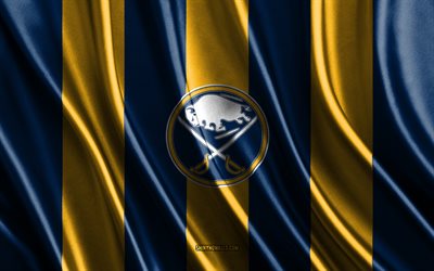 4k, Buffalo Sabers, NHL, blue yellow silk texture, Buffalo Sabers flag, American hockey team, hockey, silk flag, Buffalo Sabers emblem, USA, Buffalo Sabers badge