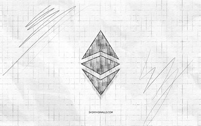 Ethereum sketch logo, 4K, checkered paper background, Ethereum black logo, cryptocurrencies, logo sketches, Ethereum logo, pencil drawing, Ethereum
