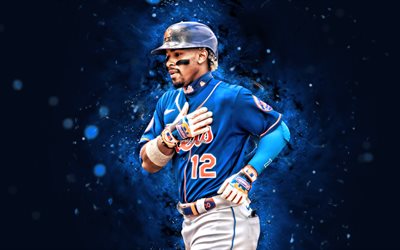 Francisco Lindor, 4k, blue neon lights, New York Mets, MLB, Shortstop, Francisco Lindor 4K, baseball, blue abstract background, Francisco Lindor New York Mets, NY Mets, Paquito, Mr Smile