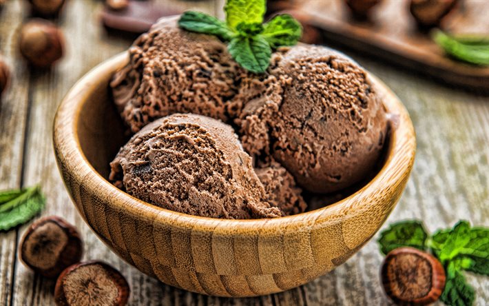 4k, çikolatalı dondurma, tahta tabak, tatlı, bir tabakta dondurma, tatlılar, dondurma konseptleri