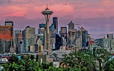 シアトル, スペースニードル, ベクター, 美術, シアトルシティスケープ, シアトルのスカイライン, 観察塔, ワシントン, アメリカ合衆国, シアトルの図面