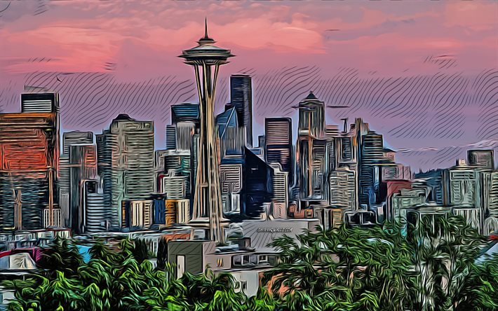 シアトル, スペースニードル, ベクター, 美術, シアトルシティスケープ, シアトルのスカイライン, 観察塔, ワシントン, アメリカ合衆国, シアトルの図面