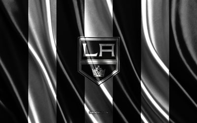 4k, Los Angeles Kings, NHL, black white silk texture, Los Angeles Kings flag, American hockey team, hockey, silk flag, Los Angeles Kings emblem, USA, Los Angeles Kings badge