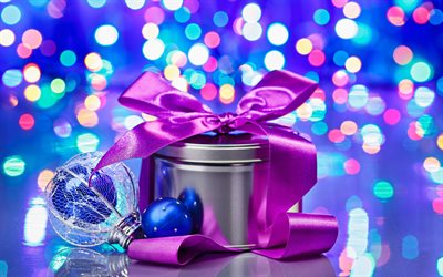 purple gift boxes, 4k, Happy New Year, christmas decorations, glare, Christmas, xmas decorations, christmas gifts, gift boxes