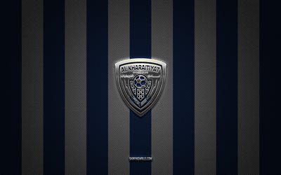 logotipo de al kharaitiyat sc, selección de fútbol de qatar, liga de las estrellas de qatar, fondo de carbono azul blanco, emblema de al kharaitiyat sc, qsl, fútbol, al kharaitiyat sc, katar, logotipo metálico de al kharaitiyat sc