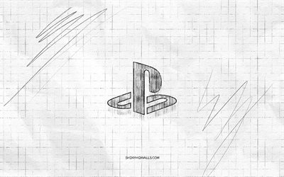 playstation sketch logo, 4k, karierter papierhintergrund, schwarzes playstation logo, marken, logo skizzen, playstation logo, sony playstation, bleistiftzeichnung, playstation