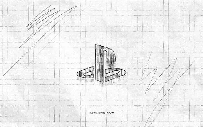 playstation sketch logosu, 4k, kareli kağıt arka plan, playstation black logo, markalar, logo eskizleri, playstation logosu, sony playstation, kurşun kalem çizimi, oyun istasyonu