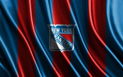 4k, new york rangers, nhl, trama di seta rossa blu, bandiera dei new york rangers, squadra di hockey americana, hockey, bandiera di seta, stemma dei new york rangers, stati uniti d'america, distintivo dei new york rangers