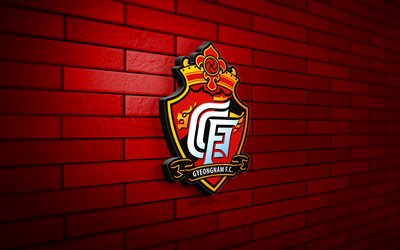 gyeongnam fc 3d logo, 4k, brickwall rosso, lega k 2, calcio, squadra di calcio sudcoreana, logo gyeongnam fc, emblema gyeongnam fc, gyeongnam fc, logo sportivo, fc gyeongnam