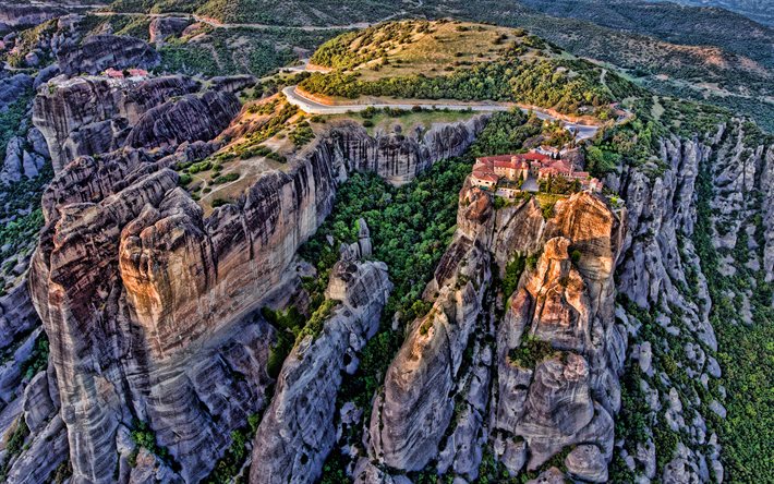 mosteiro de santo estêvão, meteora, mosteiros de montanha, vista aérea, paisagem de montanha, mosteiro ortodoxo oriental, tessália, grécia, paisagem de metéora