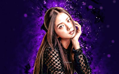 ジス, 4k, 紫色のネオン, 音楽スター, 韓国の歌手, kポップ, ブラックピンク, キム・ジス, 紫の抽象的な背景, 韓国の有名人, ジス blackpink, ジス 4k
