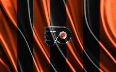 4k, Philadelphia Flyers, NHL, orange black silk texture, Philadelphia Flyers flag, American hockey team, hockey, silk flag, Philadelphia Flyers emblem, USA, Philadelphia Flyers badge