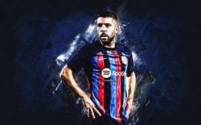 jordi alba, fc barcelona, spanischer fußballspieler, porträt, hintergrund aus blauem stein, liga, spanien, fußball