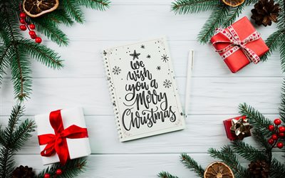 Merry Christmas, congratulations, Christmas greeting card, We Wish You a Merry Christmas, white wooden background, Christmas quotes, Christmas decorations