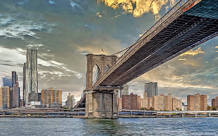 ponte do brooklyn, nova york, 4k, arte vetorial, desenho da ponte do brooklyn, manhattan, paisagem urbana de nova york, horizonte de nova york, eua