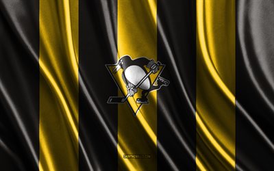 4k, Pittsburgh Penguins, NHL, yellow black silk texture, Pittsburgh Penguins flag, American hockey team, hockey, silk flag, Pittsburgh Penguins emblem, USA, Pittsburgh Penguins badge