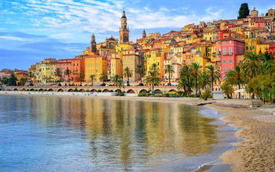 4k, Menton, empty beach, colorful buildings, french cities, cityscapes, summer, France, Europe, Menton France, Menton panorama, Menton cityscape