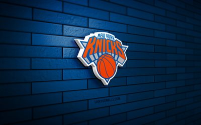 logo 3d des new york knicks, 4k, mur de briques bleu, nba, basket-ball, logo des new york knicks, équipe américaine de basket-ball, logo de sport, new york knicks, ny knicks