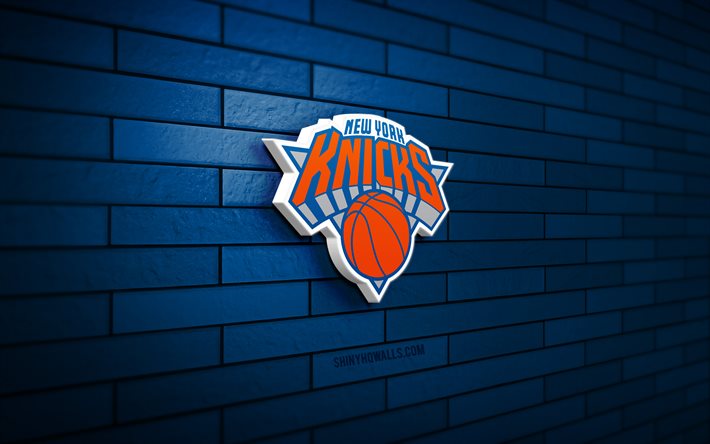 new york knicks 3d-logo, 4k, blaue ziegelwand, nba, basketball, new york knicks-logo, amerikanisches basketballteam, sportlogo, new york knicks, ny knicks