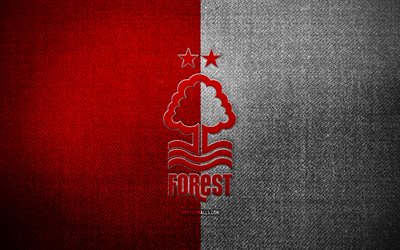 ノッティンガム フォレストのバッジ, 4k, 赤白い布の背景, プレミアリーグ, ノッティンガムの森のロゴ, ノッティンガムの森の紋章, スポーツのロゴ, ノッティンガムの森の旗, ノッティンガム フォレスト, サッカー, フットボール, ノッティンガム フォレスト fc
