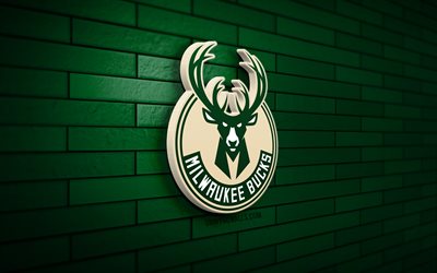 밀워키 벅스 3d 로고, 4k, 녹색 벽돌 벽, nba, 농구, 밀워키 벅스 로고, 미국 농구팀, 스포츠 로고, 밀워키 벅스