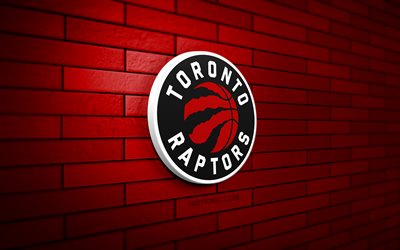 toronto raptors 3d-logo, 4k, rote ziegelwand, nba, basketball, toronto raptors-logo, kanadisches basketballteam, sportlogo, toronto raptors