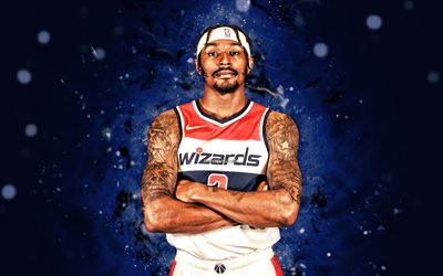 bradley beal, 4k, luzes de neon azuis, washington wizards, nba, basquete, bradley beal 4k, azul resumo de plano de fundo, bradley beal washington wizards